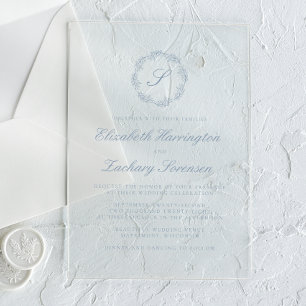 Klassischer Dusty Blue Monogramm-Kranz Schrift Hoc Acryleinladungen