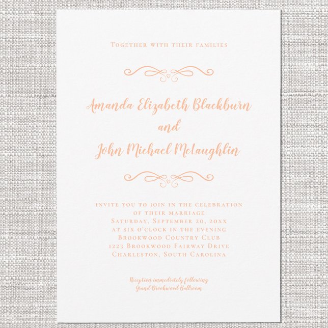 Klassischer Eleganter Peach & White Formal Wedding Einladung (Classic Elegant Peach & White Formal Wedding Chic Invitation)
