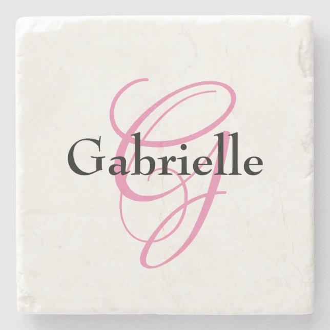 Klassischer eleganter Schwarz-Rosa-Monogramm-Name Steinuntersetzer (Vorderseite)