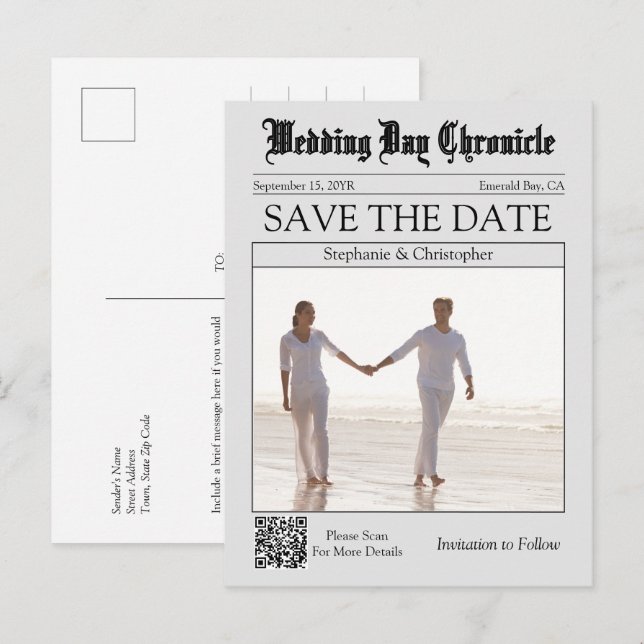 Klassischer Foto-QR-Code-Zeitung Save-the-Date Postkarte (Vorne/Hinten)