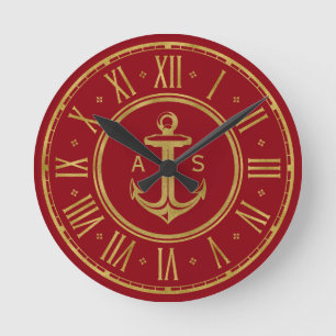 Klassischer Goldener Anker   Nautic Red Runde Wanduhr