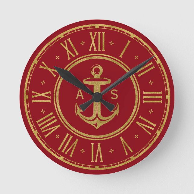 Klassischer Goldener Anker | Nautic Red Runde Wanduhr (Vorderseite)