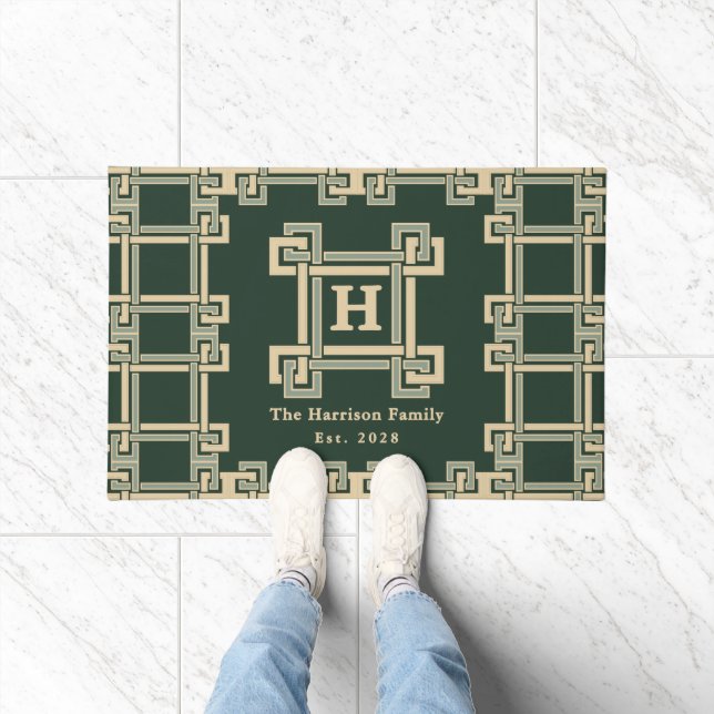 Klassischer Grüner Griechischer Schlüssel Monogram Fußmatte (Indoor)