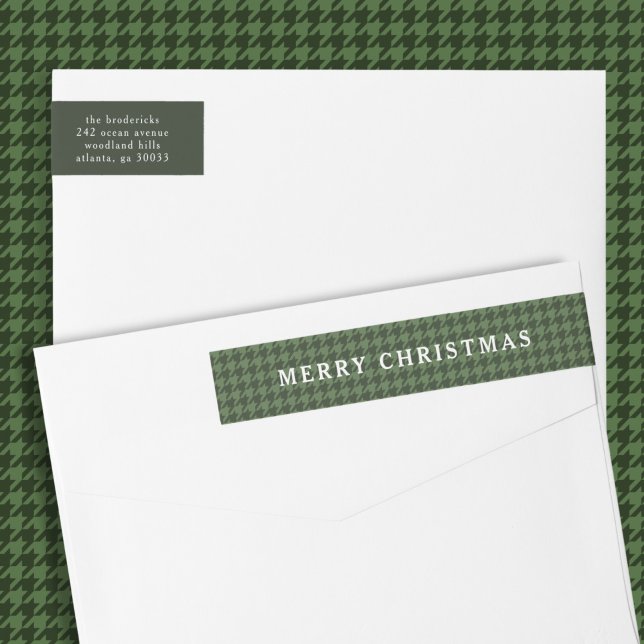 Klassischer grüner Houndstooth Frohe Weihnachten  (classic, timeless Merry Christmas address label with green houndstooth pattern)