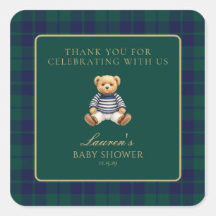 Klassischer grüner Navy-Karobär Baby Shower Quadratischer Aufkleber