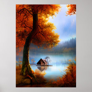 Klassischer Herbst - eine Hütte mit Bäumen am See, Poster