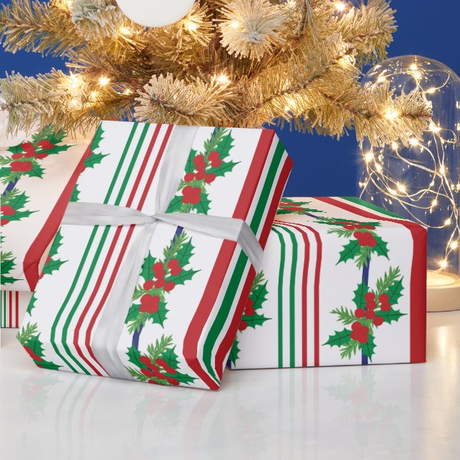 Klassischer Holly und Streifen Geschenkpapier (Feiertage)