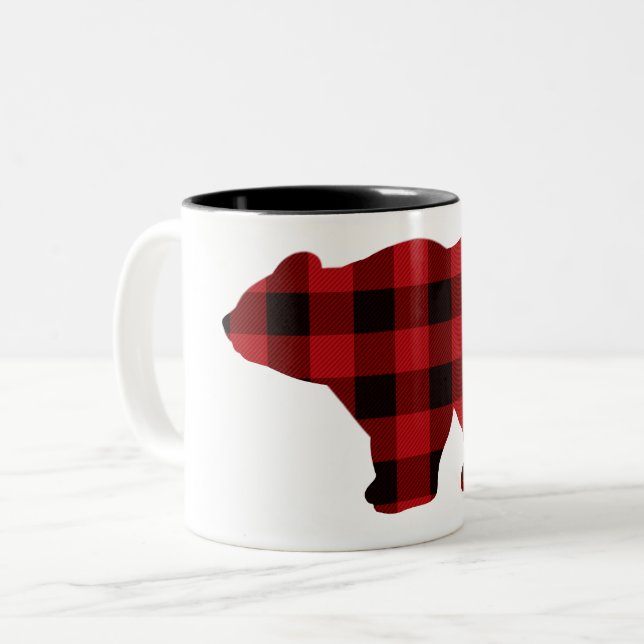 Klassischer karierter Bär in Rot und Schwarz Zweifarbige Tasse (Vorderseite Links)