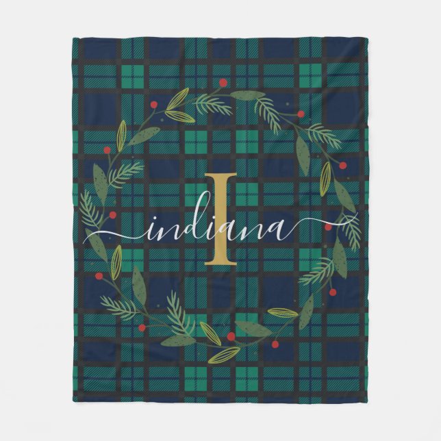 Klassischer karierter Monogramm-Weihnachtskranz Ta Fleecedecke (Vorderseite)