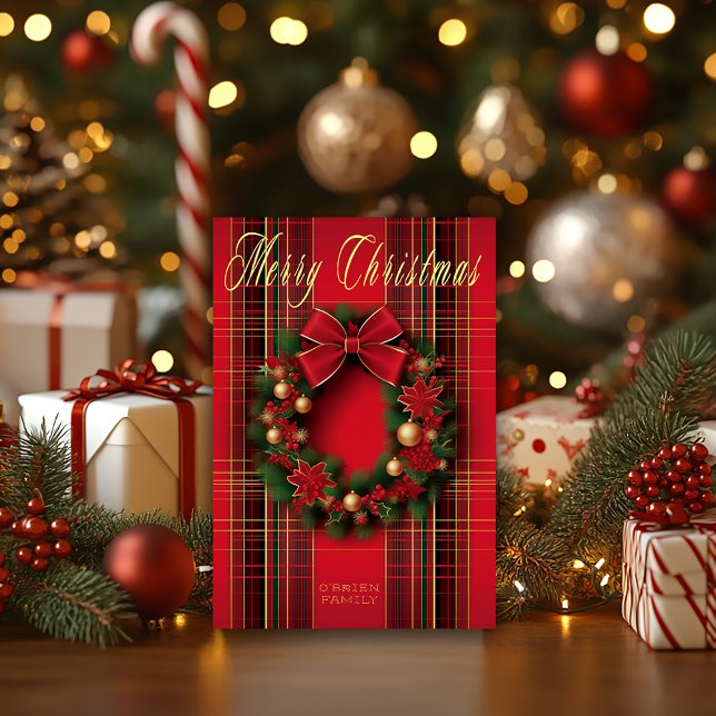 Klassischer Karierter Weihnachtskranz Karte (Beautiful Classic Red Christmas Wreath Tartan Christmas Greeting Card )