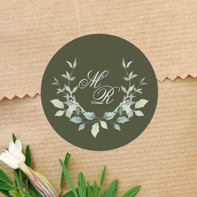 Klassischer Klassiker für Hochzeitsgrüne Monogramm Runder Aufkleber (Elegant wedding green sticker template.)