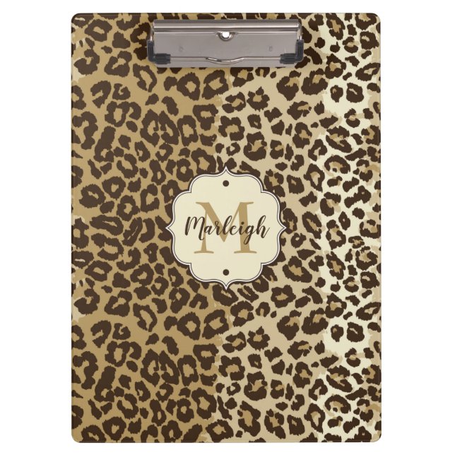 Klassischer Leopard Print Custom Monogram Name Klemmbrett (Vorderseite)