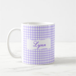 Klassischer lila Gingham mit personalisiertem Name Kaffeetasse