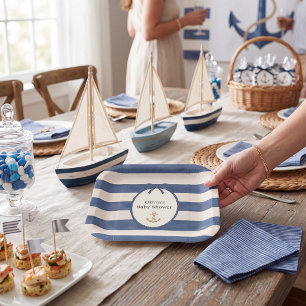 Klassischer marineblauer Streifenanker Baby Shower Pappteller
