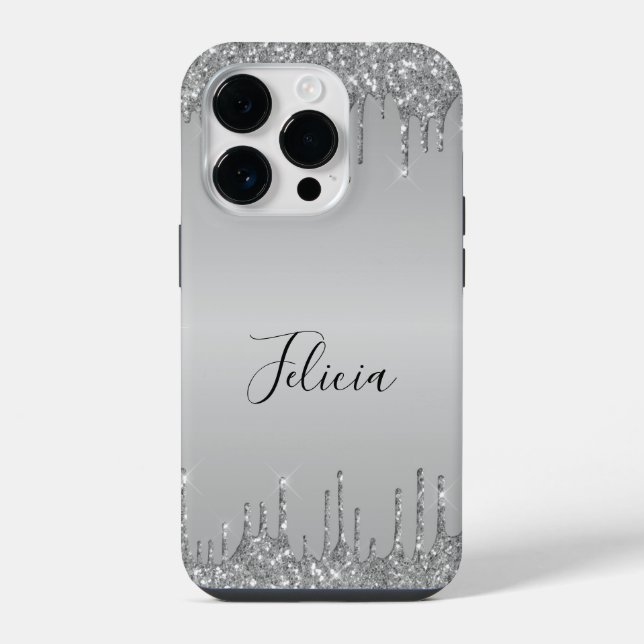 Klassischer Mit Monogramm Silver Dripped Glitzer iPhone 14 Pro Hülle (Rückseite)