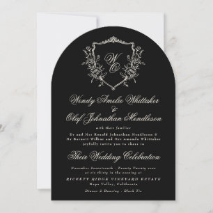 Klassischer Monogramm-Kranz Schwarze Weiße Hochzei Einladung