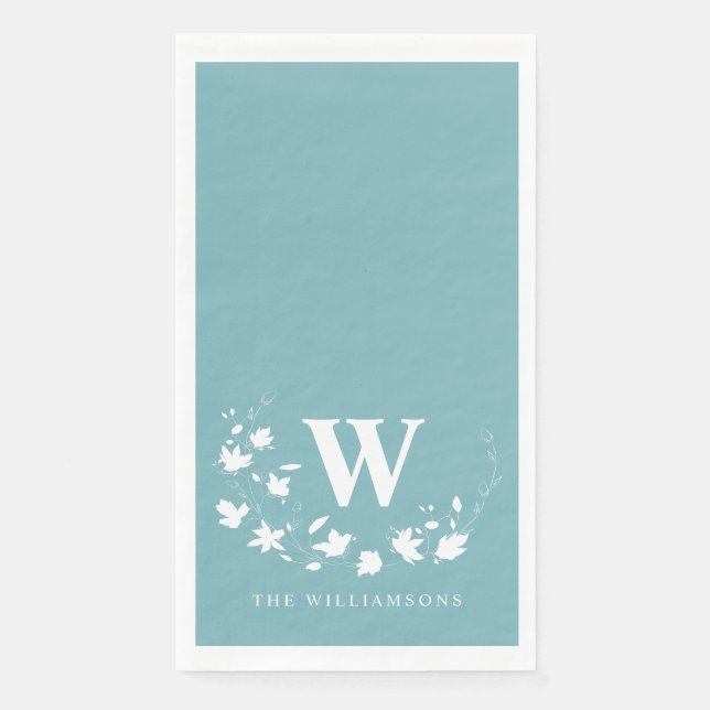Klassischer Monogramm Name Aquamariner Blumenkranz Serviette (Vorderseite)