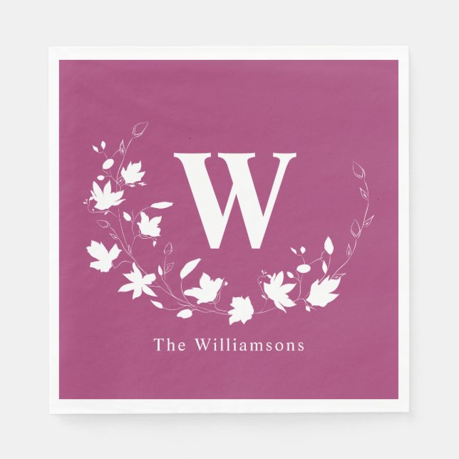 Klassischer Monogramm Name Blumenkranz in Orchid Serviette (Vorderseite)
