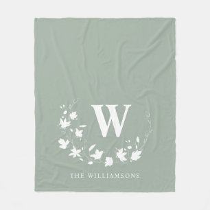 Klassischer Monogramm Name Blumenreath in Sage Gre Fleecedecke