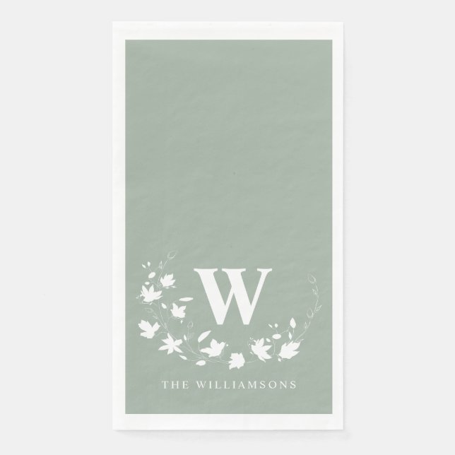 Klassischer Monogramm Name Blumenreath in Sage Gre Serviette (Vorderseite)