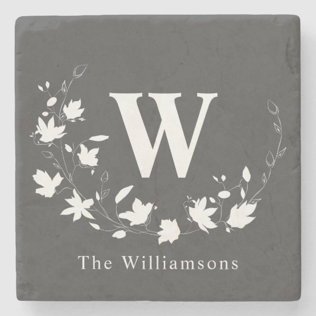 Klassischer Monogramm Name Schwarz-weißer Blumenkr Steinuntersetzer (Vorderseite)
