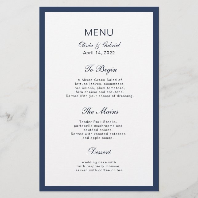 Klassischer Navy Blue Frame. Hochzeitsmenü (Vorderseite)