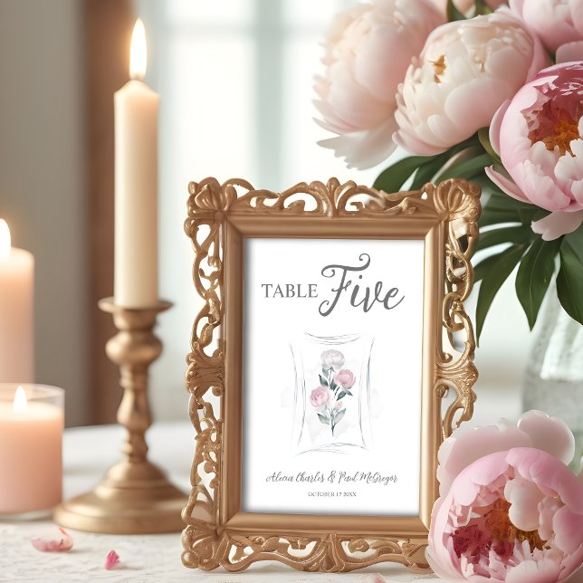 Klassischer Niedlicher Blumenstrauß in Grau und Ro Tischnummer (Classic Cute Watercolor Effect Floral Peonies Bunch in Gray & Pink Wedding Table Number Card. )