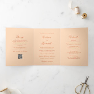 Klassischer Pfirsich-QR-Code Elegante Hochzeit Dreifach Gefaltete Einladung