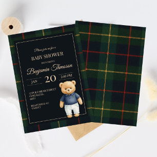 Klassischer Polo-Teddybär-Eleganter-Karo-Babyparty Einladung