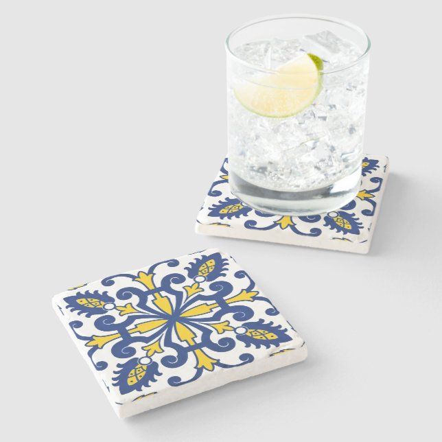 Klassischer portugiesischer Azulejo Dekorativ Blau Steinuntersetzer (Seitenansicht)