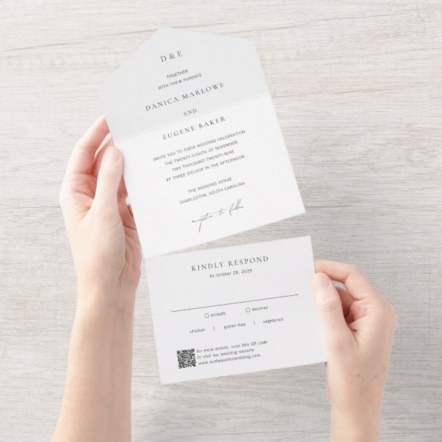 Klassischer QR Code Elegante Hochzeit All In One Einladung (Abreißen)