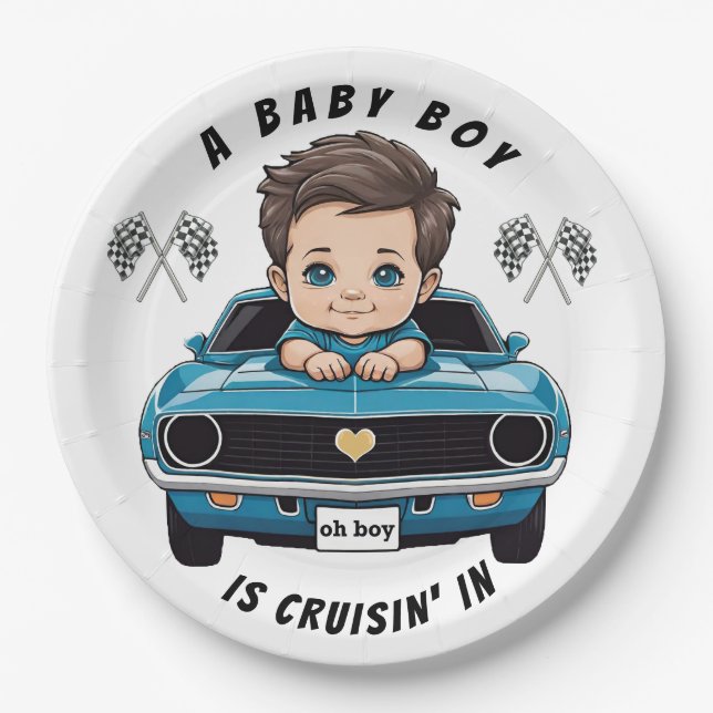 Klassischer Race Car Baby Boy Cruisin' in Dusche Pappteller (Vorderseite)