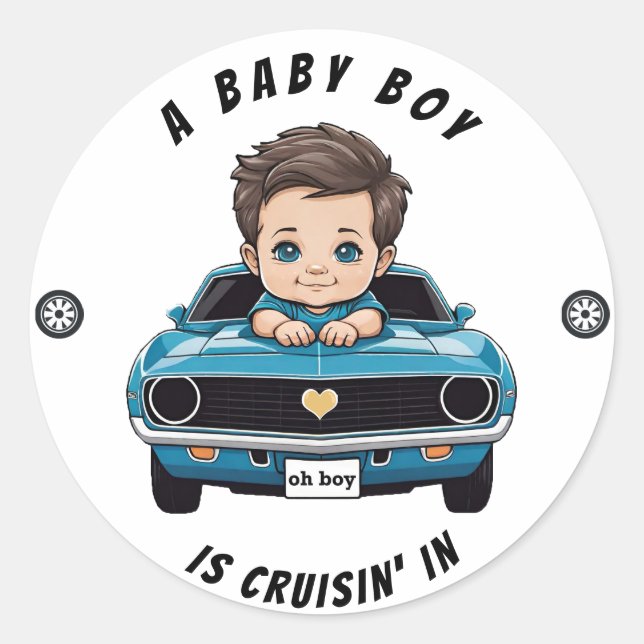 Klassischer Race Car Baby Boy Cruisin' in Dusche Runder Aufkleber (Vorderseite)