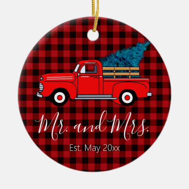 Klassischer Retro-roter Lieferwagen-LKW kariert sc Keramik Ornament (Vorne)