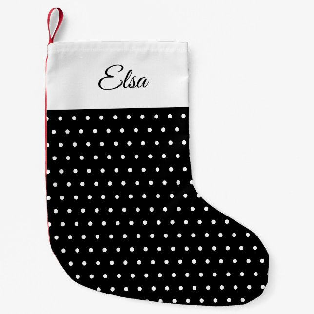 Klassischer Retroname Schwarz und Weiß Polka Dot Kleiner Weihnachtsstrumpf (Vorderseite)