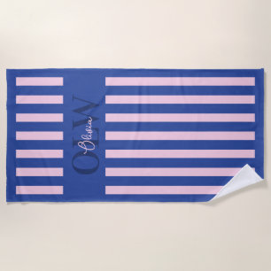 Klassischer Rosa & Blauer Streifen Personalisiert Strandtuch