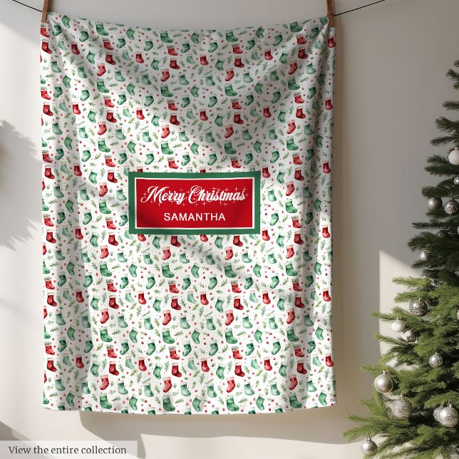 Klassischer, rot-grüner Weihnachts-Strumpf individ Fleecedecke (Classic red green Christmas stocking custom name Fleece Blanket )