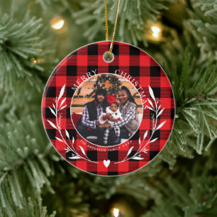 Klassischer roter Buffalo-Karo-Wreath-Weihnachtsfo Keramik Ornament