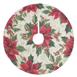 Klassischer roter grüner Weihnachts-Poinsettie-Ste Fleece Weihnachtsbaumdecke