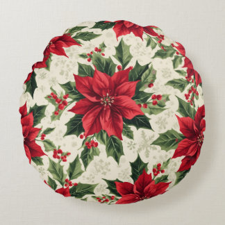 Klassischer roter grüner Weihnachts-Poinsettie-Ste Rundes Kissen