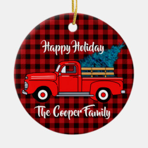 Klassischer roter Retro-Pickup-Truck in rot-schwar Keramik Ornament