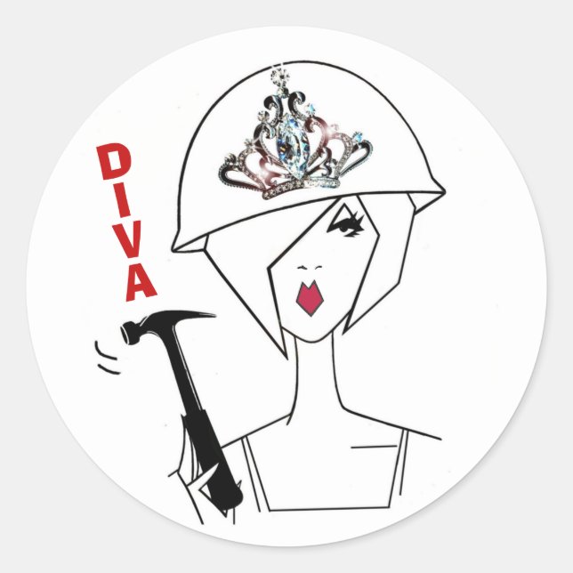 Klassischer Rundaufkleber "Diva mit einem Hard Hat Runder Aufkleber (Vorderseite)