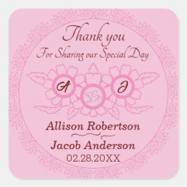 Klassischer Rundaufkleber für Hochzeiten, rosa und Quadratischer Aufkleber