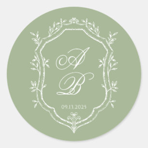 Klassischer Salbeigrün- und Weiß-Monogramm-Wappen- Runder Aufkleber