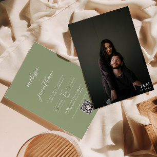 Klassischer Salbeigrüner Foto-Monogramm-QR-Code-Ho Einladung