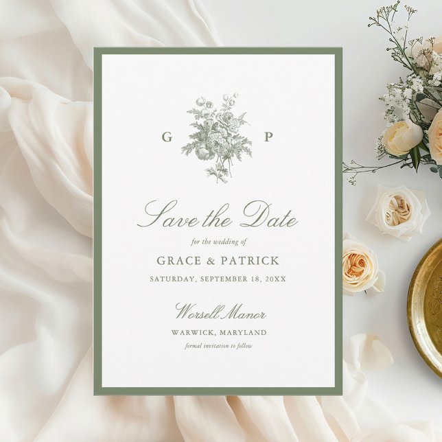 Klassischer Salbeigrüner Monogramm-Hochzeit-Save-t Save The Date (Von Creator hochgeladen)