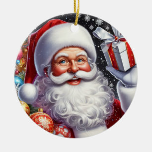 Klassischer Santa mit Gegenwart und Ornamenten Keramik Ornament