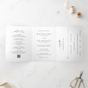 Klassischer Schwarz-Weiß-QR-Code Elegante Hochzeit Dreifach Gefaltete Einladung