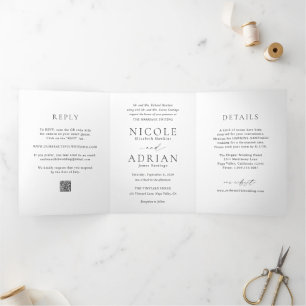 Klassischer Schwarz-Weiß-QR-Code Elegante Hochzeit Dreifach Gefaltete Einladung