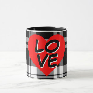 Klassischer Schwarz-Weiß-Tartan-Karo-Rot-Herz-Deta Tasse